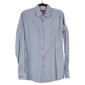 Hugo Boss Dress Shirt M Mens Vertical Stripe Gray Blue White EllisX Regular Fit